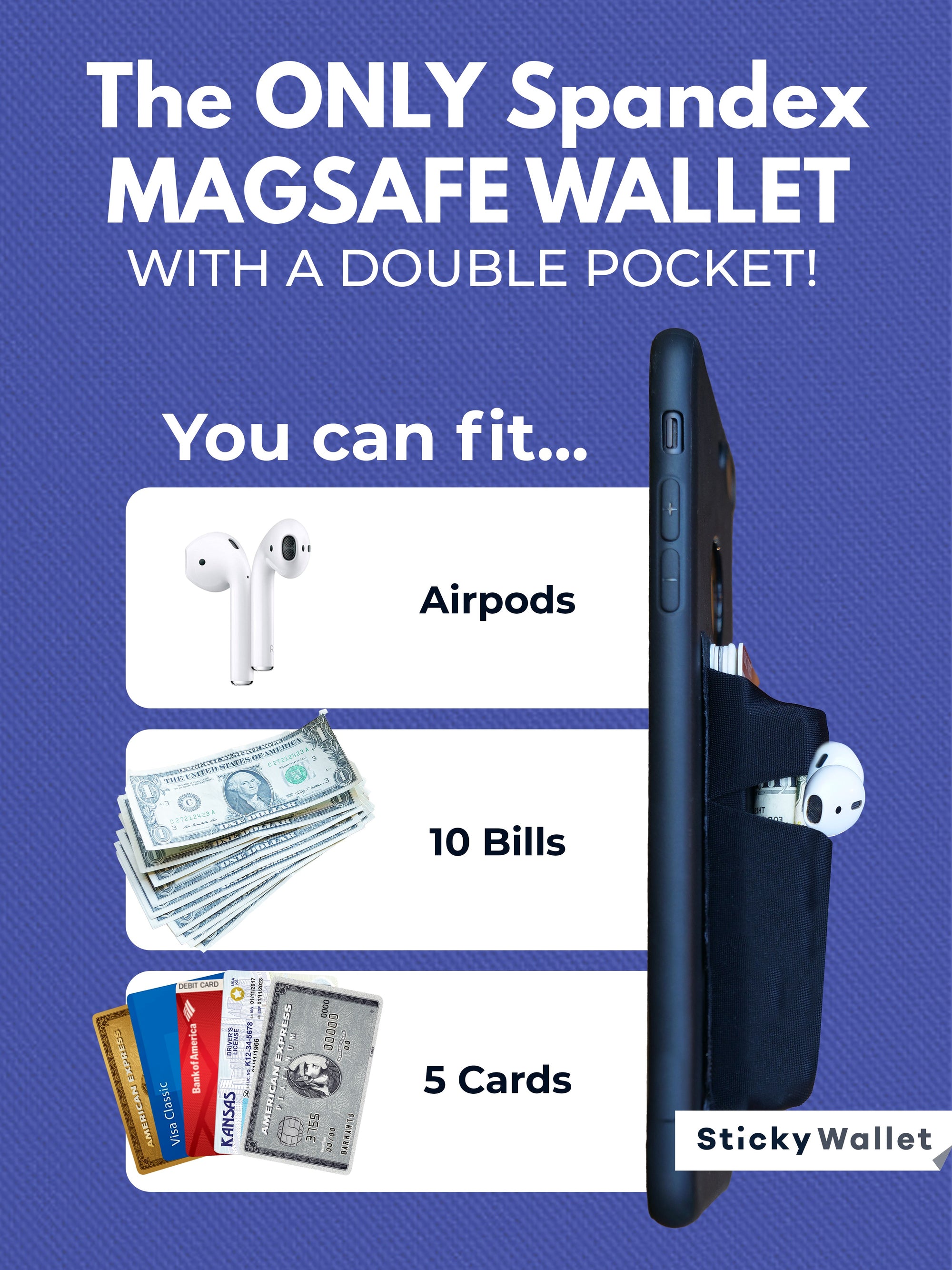 The StickyWallet MagSafe – Premium Spandex MagSafe Phone Wallet for Apple iPhone 13 &amp; 12 + Pro &amp; Pro Max Models – Detachable Magnetic Card Holder – Unique Design with 2 Pockets, Black The StickyWallet